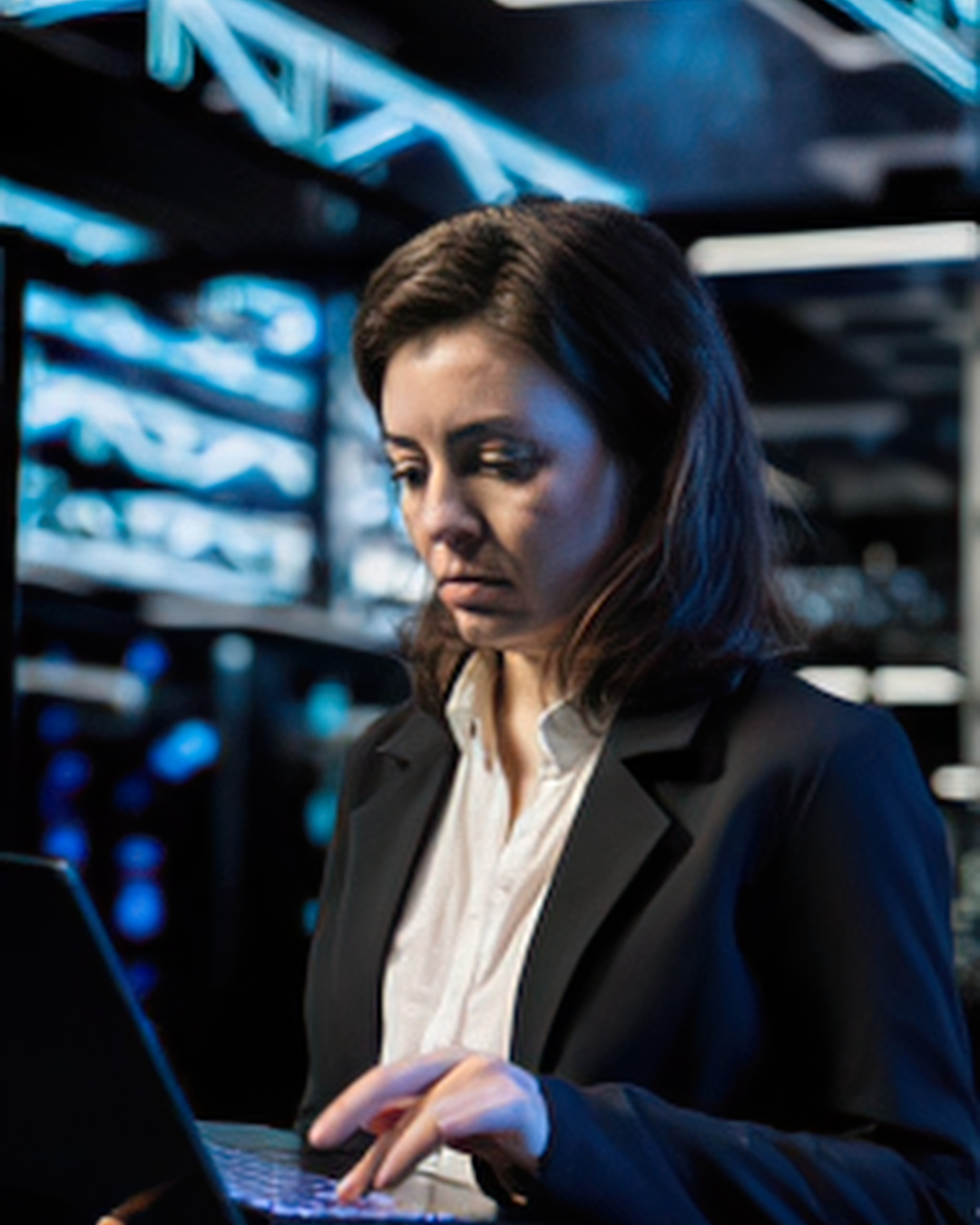 Serious young woman leans over a laptop while computer screens glow in the background.