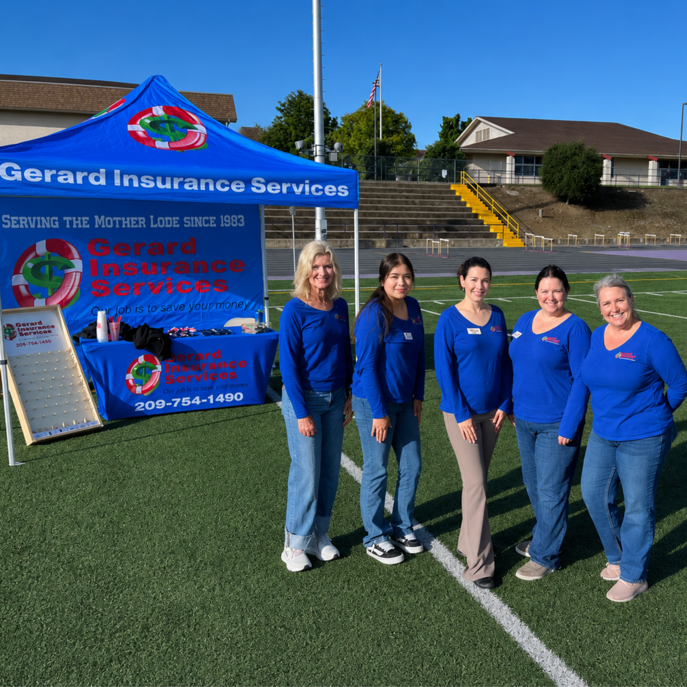 On the Right Track 2026 Gerard Insurance Services Five of the Gerard Insurance Service team members on the football field at On the Right Track.